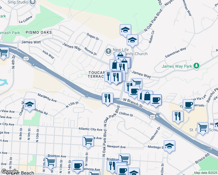 map of restaurants, bars, coffee shops, grocery stores, and more near Branch Street in Pismo Beach