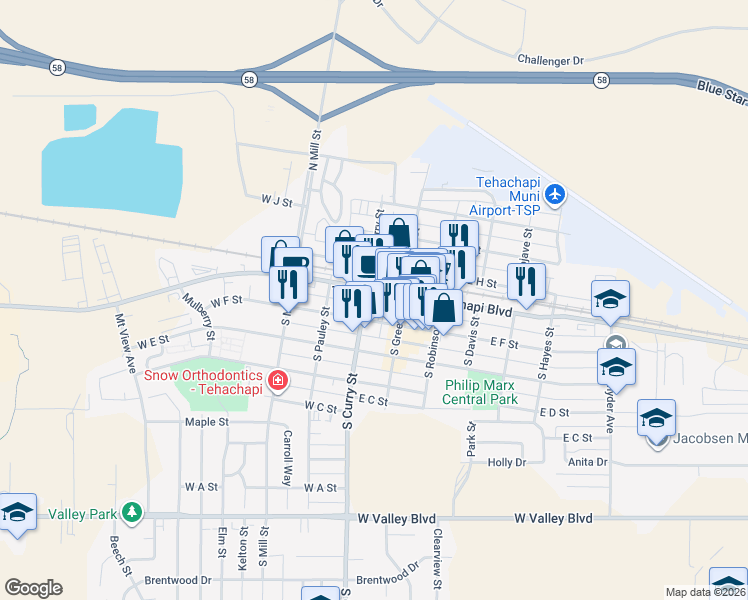 map of restaurants, bars, coffee shops, grocery stores, and more near 106 South Curry Street in Tehachapi