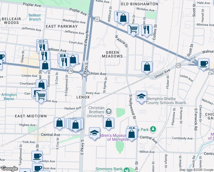 map of restaurants, bars, coffee shops, grocery stores, and more near 154 Saint Agnes Drive in Memphis