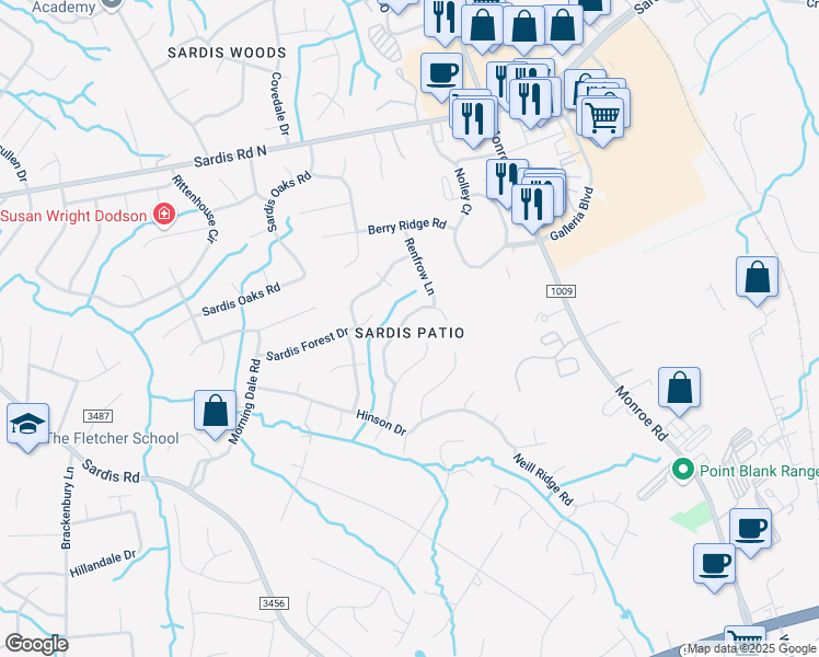 map of restaurants, bars, coffee shops, grocery stores, and more near 9235 New Towne Drive in Matthews