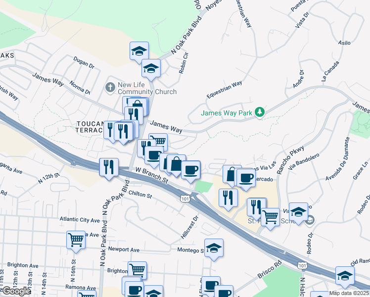 map of restaurants, bars, coffee shops, grocery stores, and more near 1031 Meadow Way in Arroyo Grande