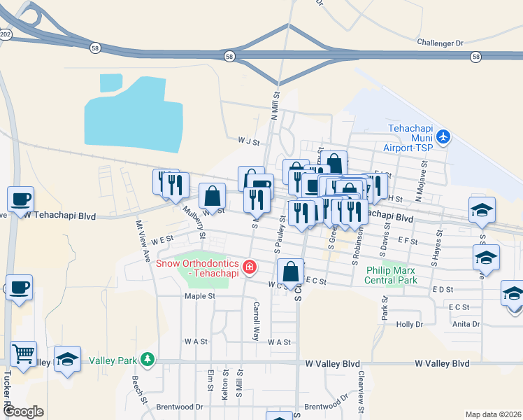 map of restaurants, bars, coffee shops, grocery stores, and more near 114 South Mill Street in Tehachapi