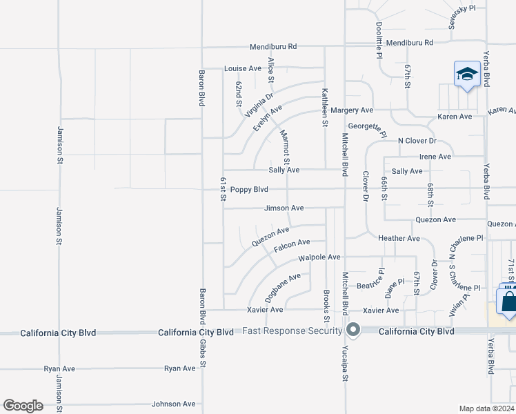 map of restaurants, bars, coffee shops, grocery stores, and more near Jimson Avenue in California City