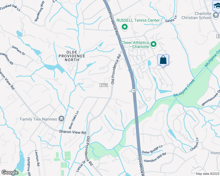 map of restaurants, bars, coffee shops, grocery stores, and more near 5938 Old Providence Road in Charlotte