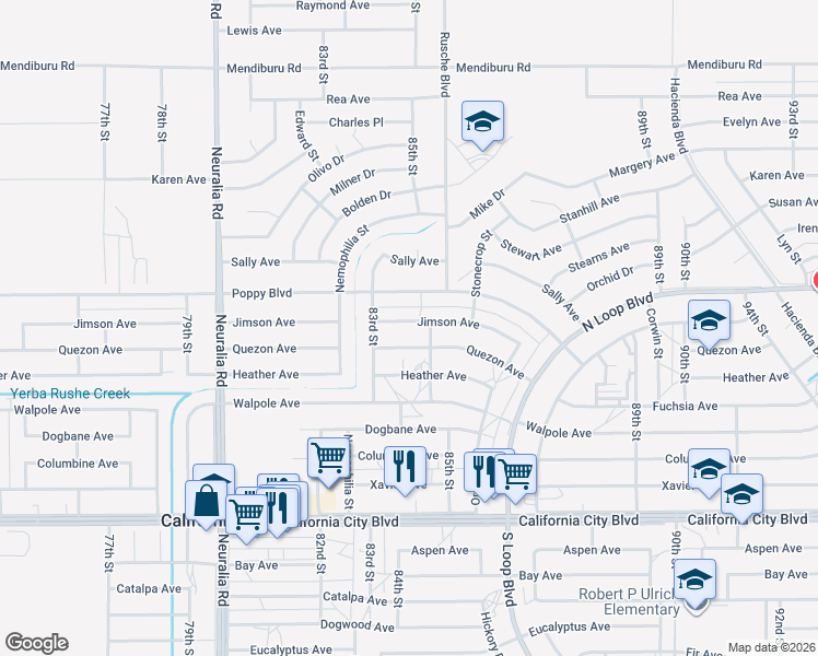 map of restaurants, bars, coffee shops, grocery stores, and more near 8412 Jimson Avenue in California City