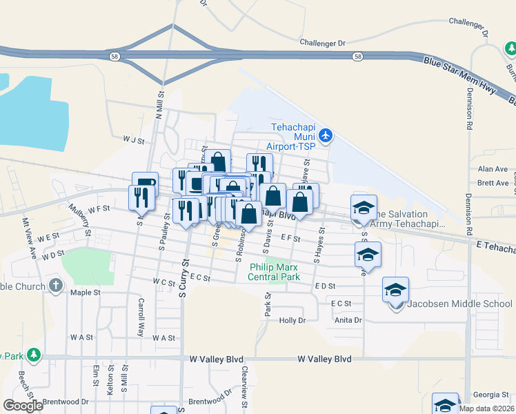 map of restaurants, bars, coffee shops, grocery stores, and more near 230 East Tehachapi Boulevard in Tehachapi