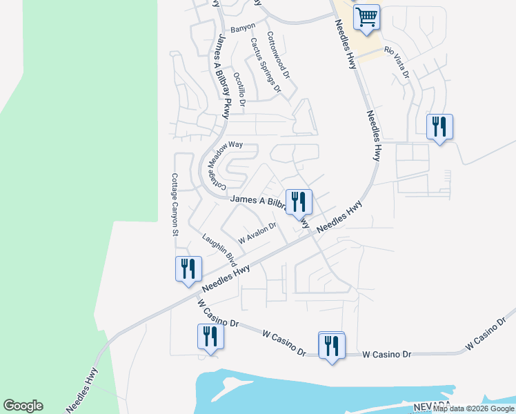 map of restaurants, bars, coffee shops, grocery stores, and more near 3634 Bayview Drive in Laughlin