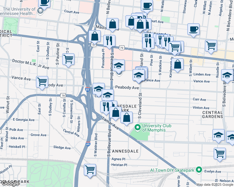 map of restaurants, bars, coffee shops, grocery stores, and more near 1248 Carr Avenue in Memphis