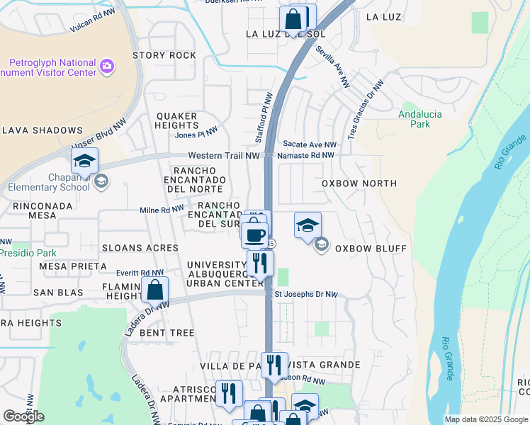 map of restaurants, bars, coffee shops, grocery stores, and more near 4351 Coors Boulevard Northwest in Albuquerque