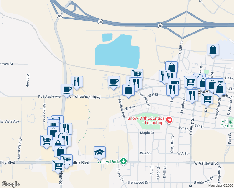 map of restaurants, bars, coffee shops, grocery stores, and more near 777 West Tehachapi Boulevard in Tehachapi
