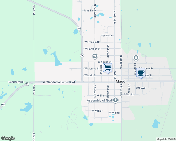 map of restaurants, bars, coffee shops, grocery stores, and more near 518 East Main Street in Maud