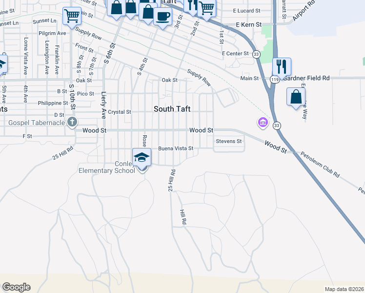 map of restaurants, bars, coffee shops, grocery stores, and more near 429 Eastern Avenue in Taft