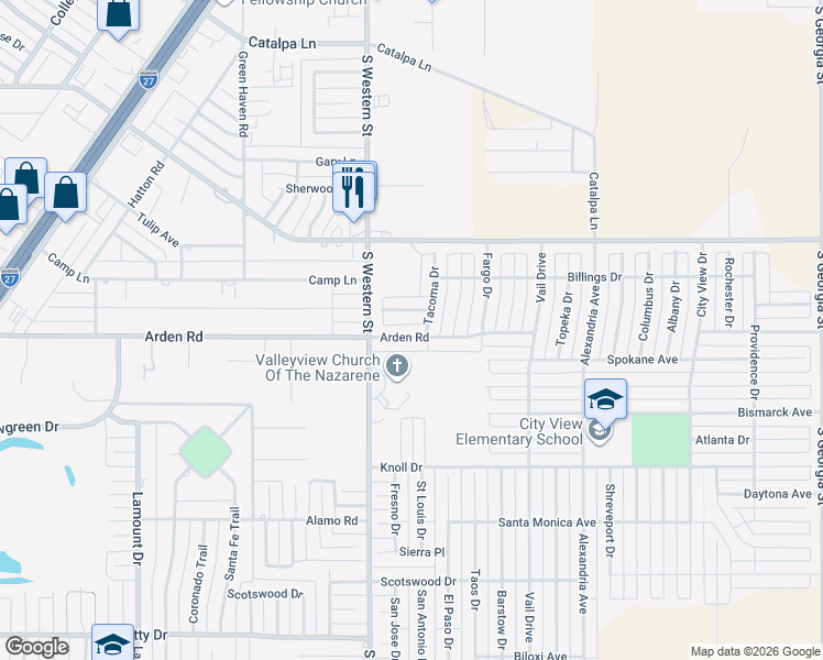 map of restaurants, bars, coffee shops, grocery stores, and more near 3817 Arden Road in Amarillo