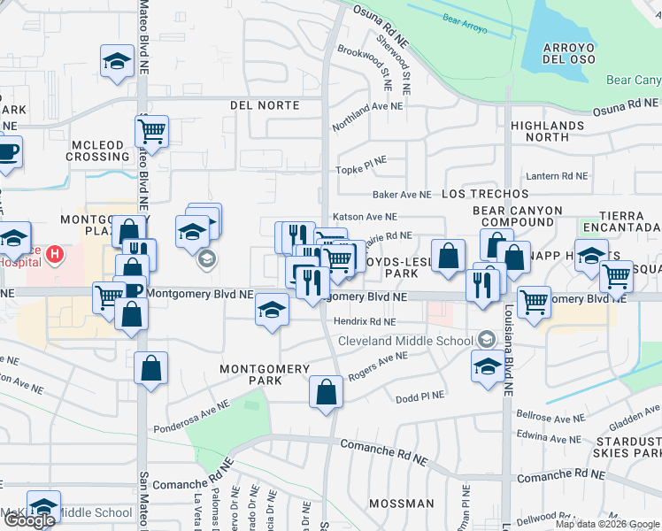 map of restaurants, bars, coffee shops, grocery stores, and more near 6125 Montgomery Boulevard Northeast in Albuquerque