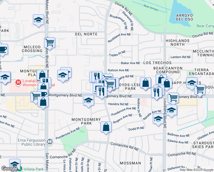 map of restaurants, bars, coffee shops, grocery stores, and more near 6125 Montgomery Boulevard Northeast in Albuquerque
