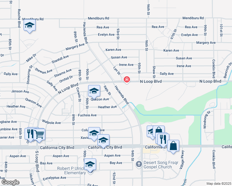 map of restaurants, bars, coffee shops, grocery stores, and more near 21411 Hacienda Boulevard in California City