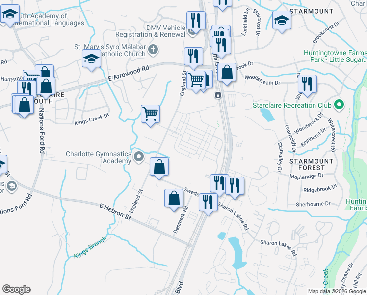 map of restaurants, bars, coffee shops, grocery stores, and more near 7907 England Street in Charlotte