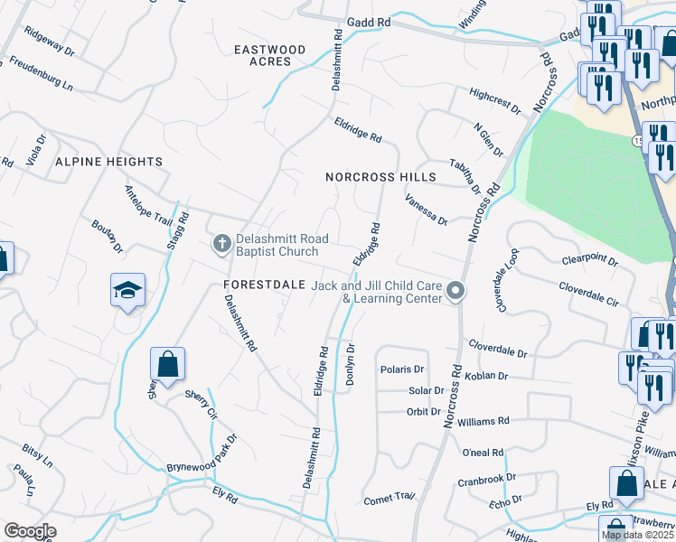 map of restaurants, bars, coffee shops, grocery stores, and more near 4715 Eldridge Road in Chattanooga