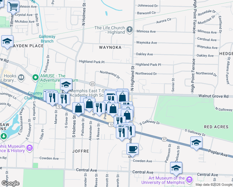 map of restaurants, bars, coffee shops, grocery stores, and more near 3431 Walnut Grove Road in Memphis