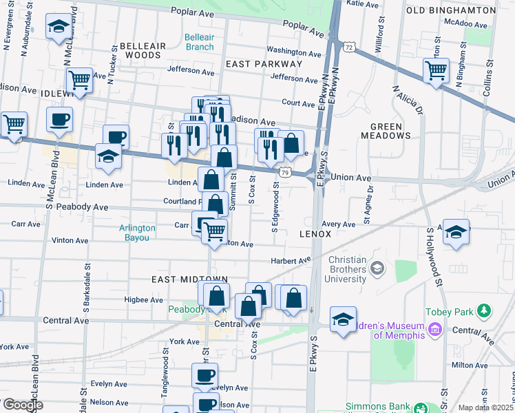 map of restaurants, bars, coffee shops, grocery stores, and more near 2221 Brewers Landing in Memphis