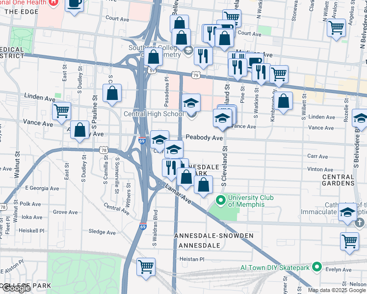 map of restaurants, bars, coffee shops, grocery stores, and more near in Memphis