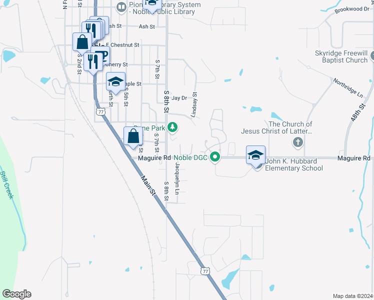 map of restaurants, bars, coffee shops, grocery stores, and more near 701 Jacquelyn Lane in Noble