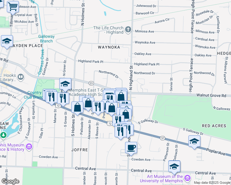 map of restaurants, bars, coffee shops, grocery stores, and more near 3431 Walnut Grove Road in Memphis
