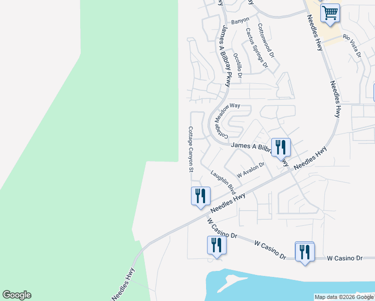 map of restaurants, bars, coffee shops, grocery stores, and more near 3589 Cottage Canyon Street in Laughlin