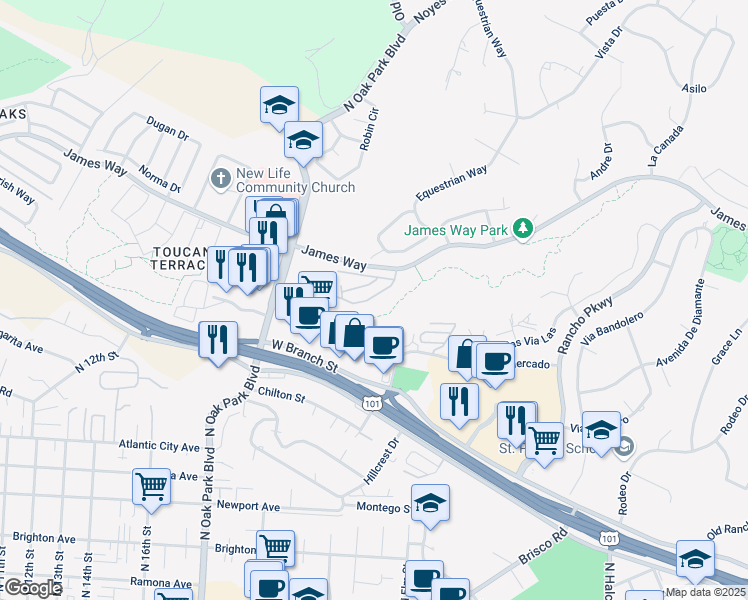 map of restaurants, bars, coffee shops, grocery stores, and more near 1031 Meadow Way in Arroyo Grande