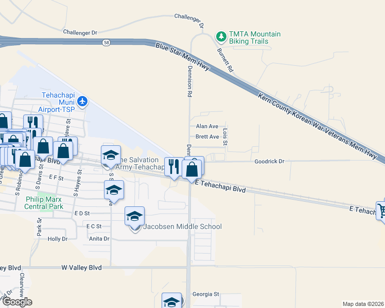 map of restaurants, bars, coffee shops, grocery stores, and more near 100 North Dennison Road in Tehachapi