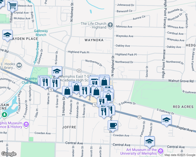 map of restaurants, bars, coffee shops, grocery stores, and more near 3431 Walnut Grove Road in Memphis