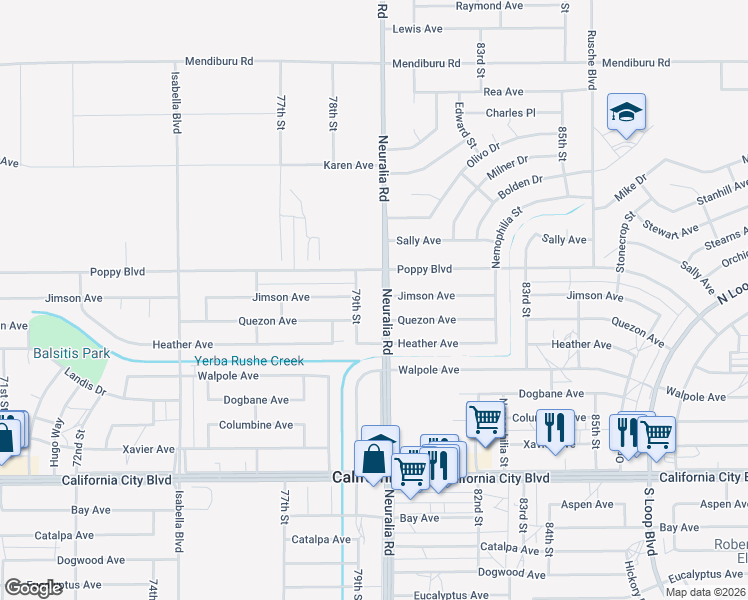 map of restaurants, bars, coffee shops, grocery stores, and more near 21400 79th Street in California City