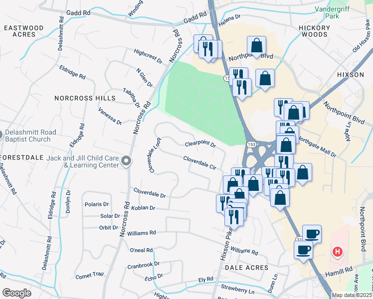 map of restaurants, bars, coffee shops, grocery stores, and more near 1336 Clearpoint Drive in Chattanooga