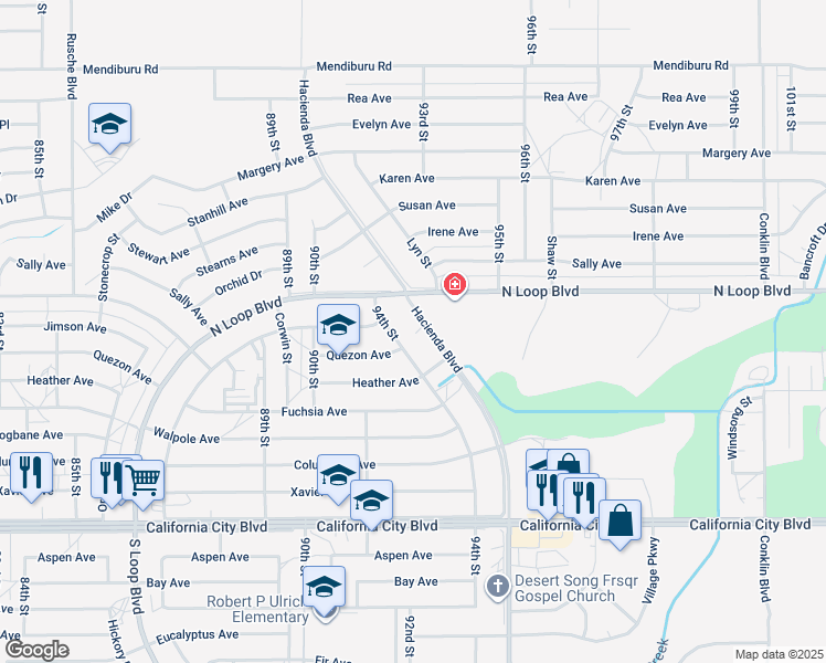map of restaurants, bars, coffee shops, grocery stores, and more near 21411 Hacienda Boulevard in California City