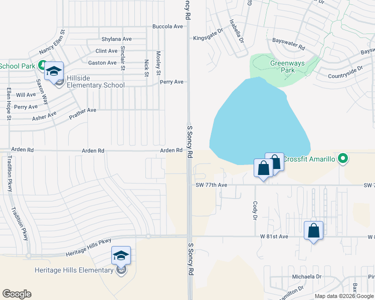 map of restaurants, bars, coffee shops, grocery stores, and more near Arden Road in Amarillo