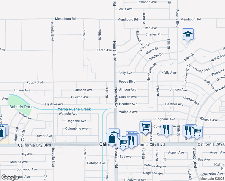 map of restaurants, bars, coffee shops, grocery stores, and more near 21419 Neuralia Road in California City