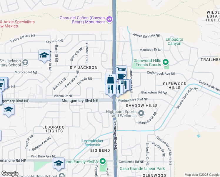 map of restaurants, bars, coffee shops, grocery stores, and more near 12521 Montgomery Boulevard Northeast in Albuquerque