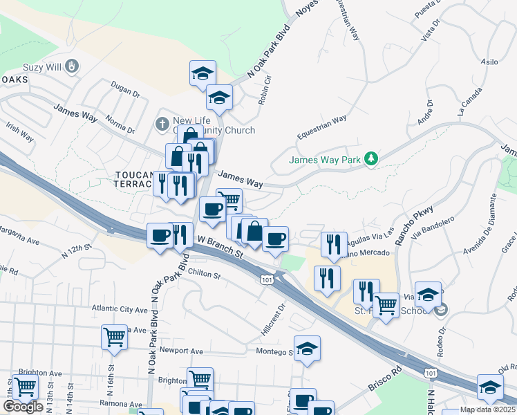 map of restaurants, bars, coffee shops, grocery stores, and more near 1038 Meadow Way in Arroyo Grande