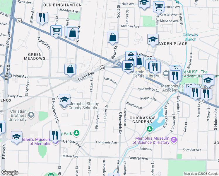 map of restaurants, bars, coffee shops, grocery stores, and more near 2780 Natchez Lane in Memphis