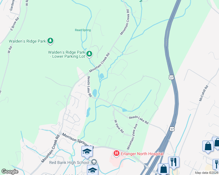 map of restaurants, bars, coffee shops, grocery stores, and more near 800 Reads Lake Road in Chattanooga