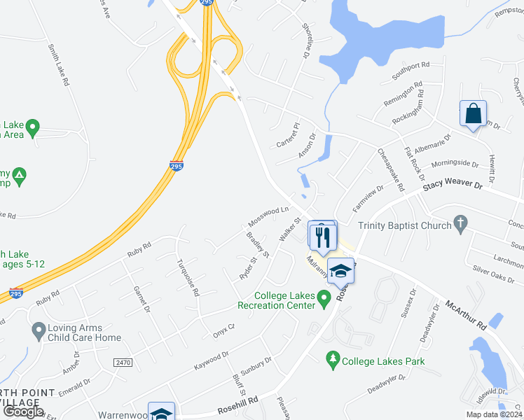 map of restaurants, bars, coffee shops, grocery stores, and more near 638 Mosswood Lane in Fayetteville