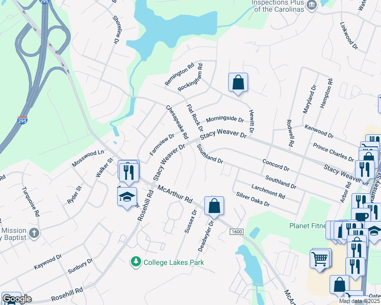 map of restaurants, bars, coffee shops, grocery stores, and more near 5075 Chesapeake Road in Fayetteville