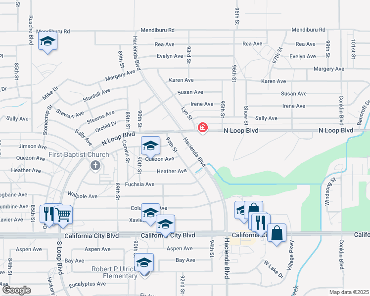 map of restaurants, bars, coffee shops, grocery stores, and more near 21411 Hacienda Boulevard in California City