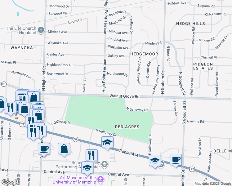 map of restaurants, bars, coffee shops, grocery stores, and more near 3815 Walnut Grove Road in Memphis