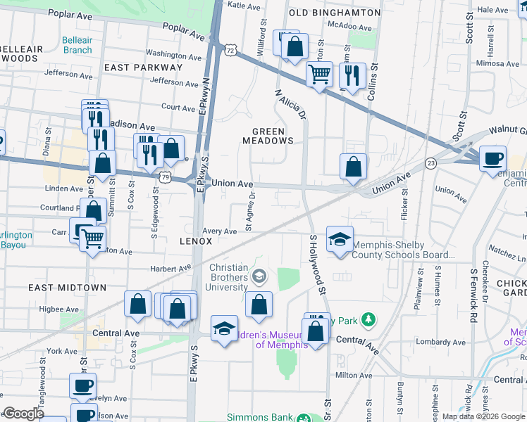 map of restaurants, bars, coffee shops, grocery stores, and more near 154 Saint Agnes Drive in Memphis