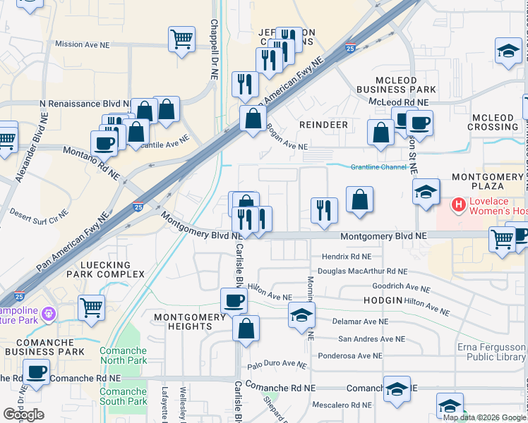 map of restaurants, bars, coffee shops, grocery stores, and more near 3825 Montgomery Boulevard Northeast in Albuquerque