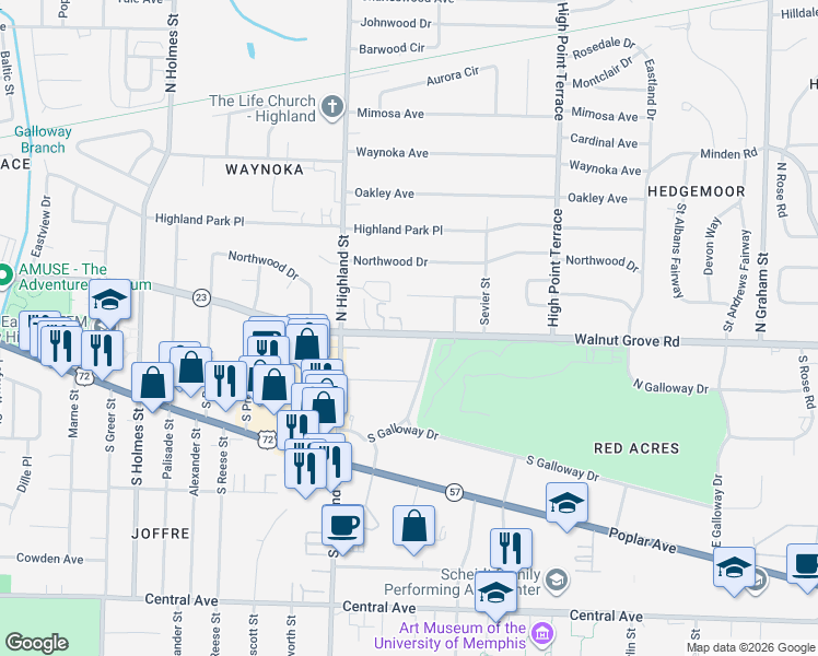 map of restaurants, bars, coffee shops, grocery stores, and more near 3565 Walnut Grove Road in Memphis