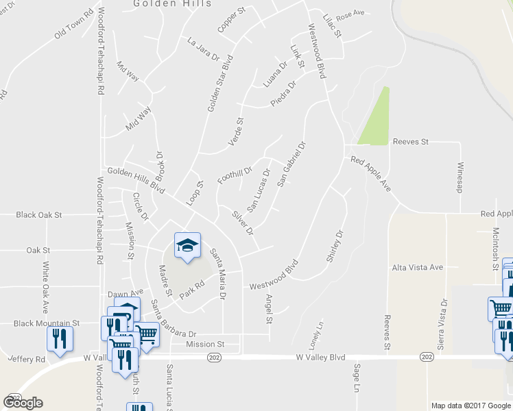 map of restaurants, bars, coffee shops, grocery stores, and more near 21540 San Lucas Drive in Tehachapi