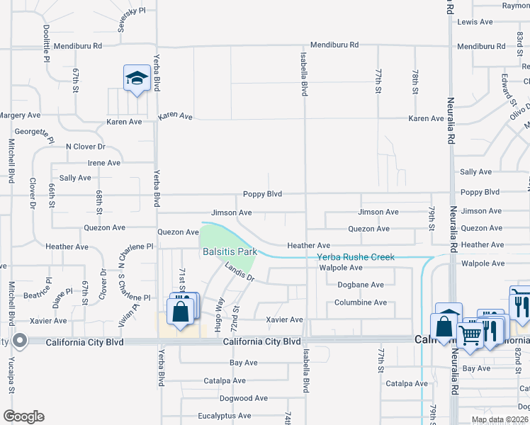 map of restaurants, bars, coffee shops, grocery stores, and more near Jimson Avenue in California City