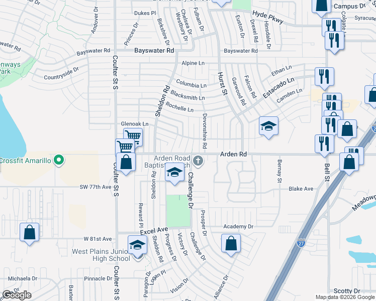 map of restaurants, bars, coffee shops, grocery stores, and more near 7501-7503 Westover Place in Amarillo